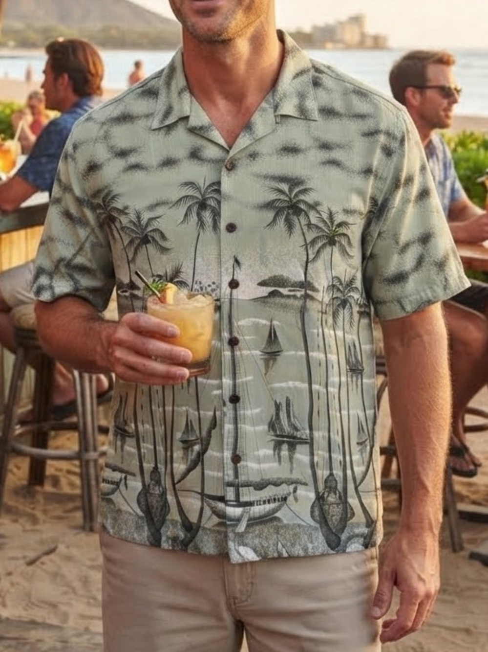 Vintage Lingering Br... Tropical Beach Palm Tree Sailboat Print L Shirt Vacation